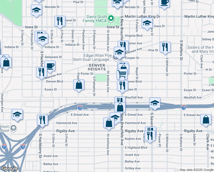 map of restaurants, bars, coffee shops, grocery stores, and more near 806 Denver Boulevard in San Antonio
