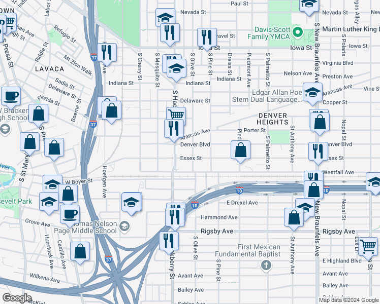 map of restaurants, bars, coffee shops, grocery stores, and more near 328 Denver Boulevard in San Antonio