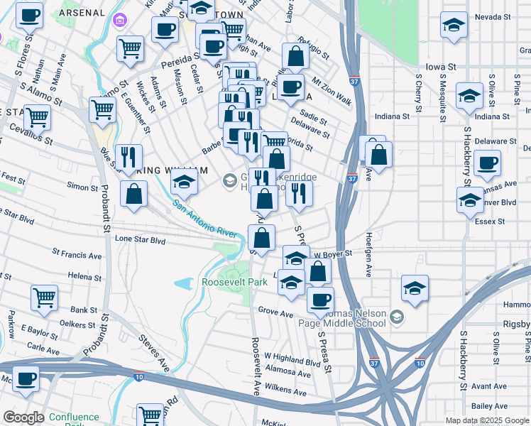 map of restaurants, bars, coffee shops, grocery stores, and more near 1710 South Saint Mary's Street in San Antonio