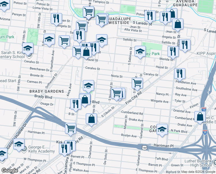 map of restaurants, bars, coffee shops, grocery stores, and more near 308 Calles Street in San Antonio