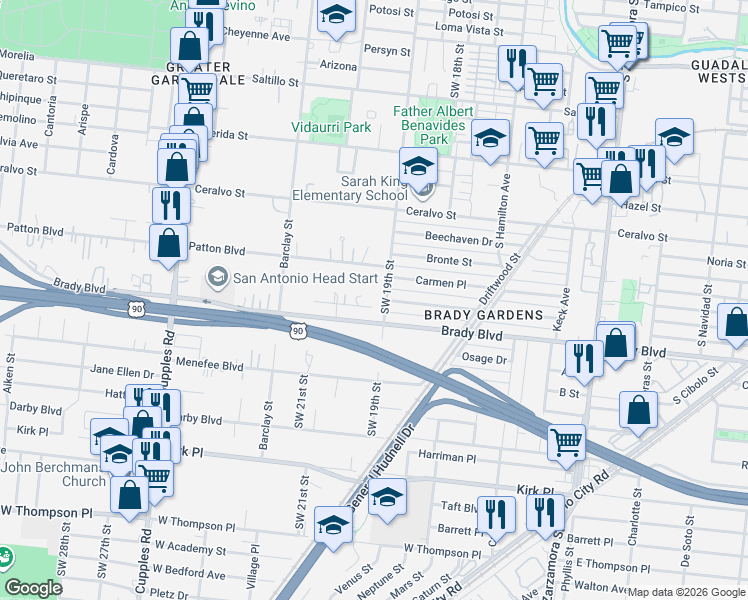 map of restaurants, bars, coffee shops, grocery stores, and more near 2031 Southwest 19th Street in San Antonio