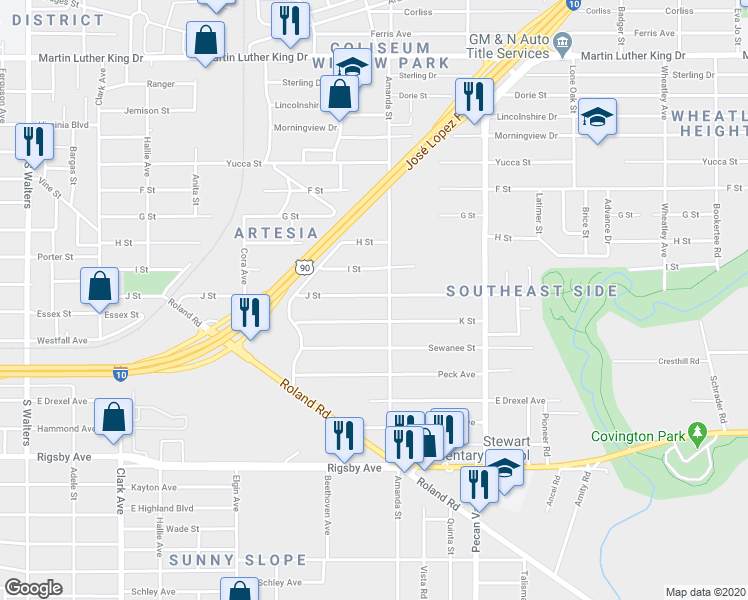 map of restaurants, bars, coffee shops, grocery stores, and more near 634 J Street in San Antonio