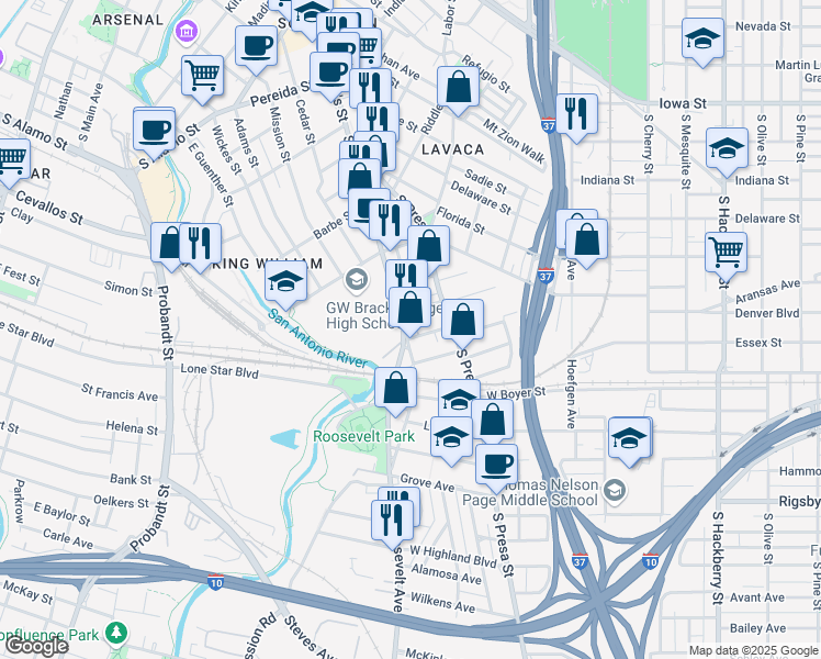 map of restaurants, bars, coffee shops, grocery stores, and more near 1710 South Saint Mary's Street in San Antonio