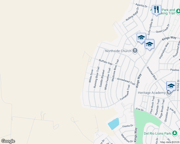 map of restaurants, bars, coffee shops, grocery stores, and more near 125 White Dove in Del Rio