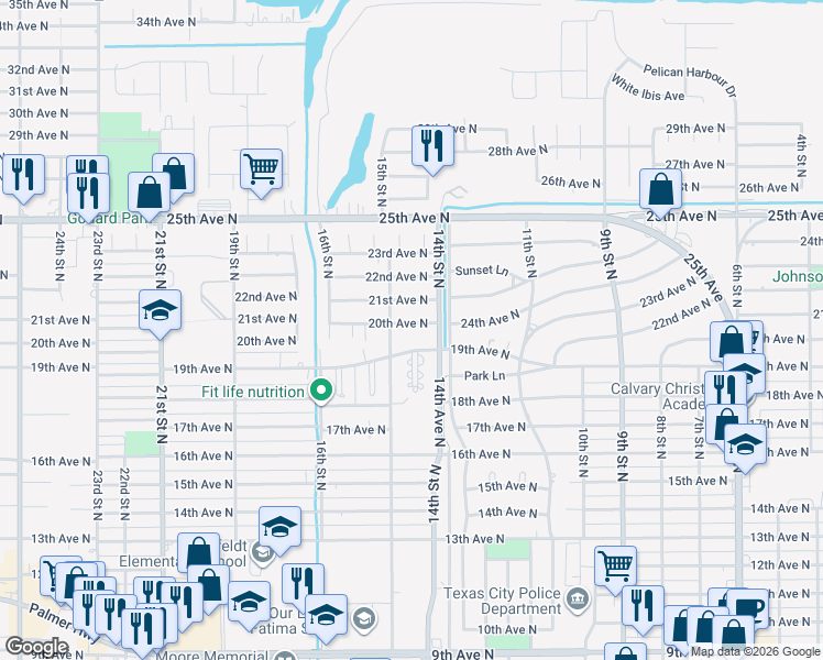 map of restaurants, bars, coffee shops, grocery stores, and more near 1419 20th Avenue North in Texas City