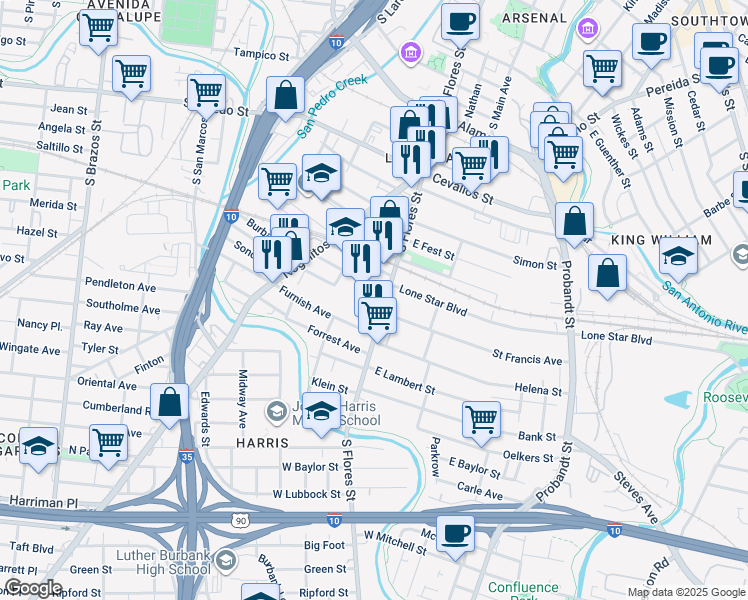 map of restaurants, bars, coffee shops, grocery stores, and more near in San Antonio