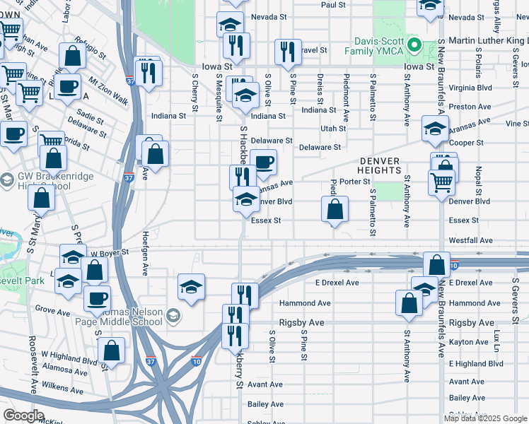 map of restaurants, bars, coffee shops, grocery stores, and more near 328 Denver Boulevard in San Antonio