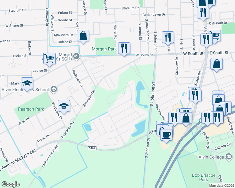 map of restaurants, bars, coffee shops, grocery stores, and more near 1413 Rosharon Rd in Alvin