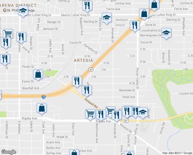 map of restaurants, bars, coffee shops, grocery stores, and more near 536 J Street in San Antonio