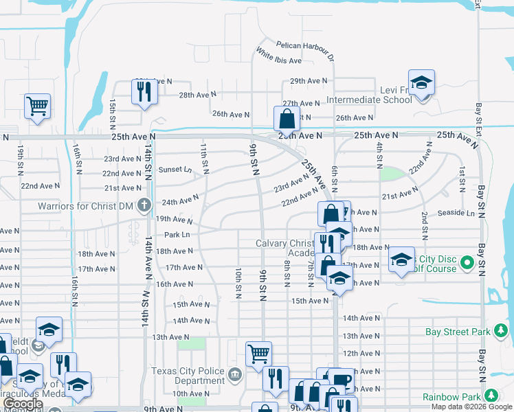 map of restaurants, bars, coffee shops, grocery stores, and more near 904 22nd Avenue North in Texas City