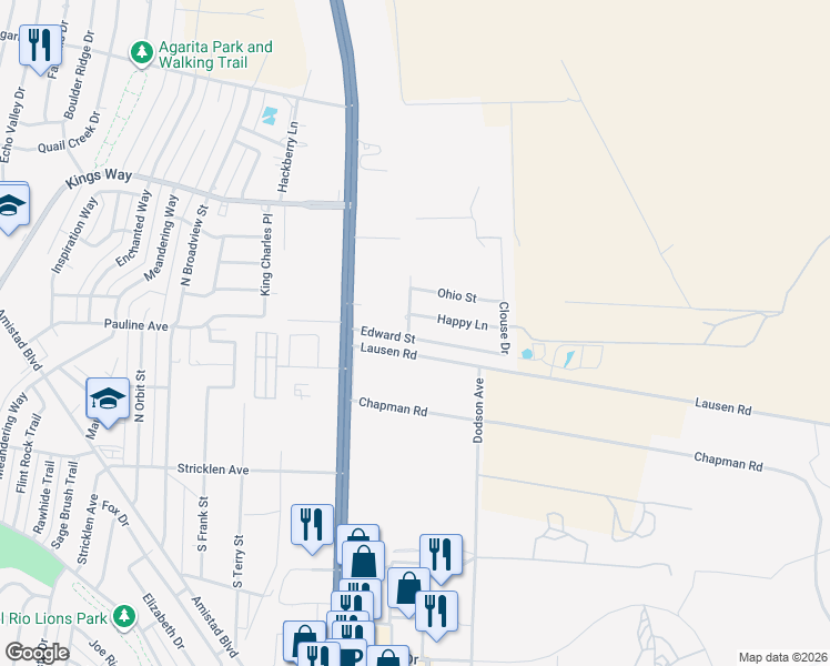 map of restaurants, bars, coffee shops, grocery stores, and more near 101 Edward Street in Del Rio