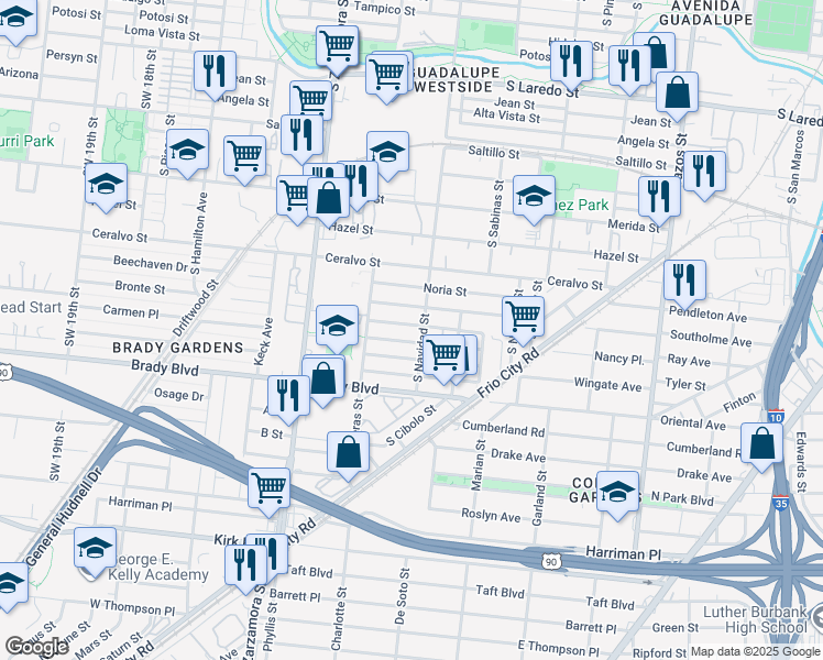 map of restaurants, bars, coffee shops, grocery stores, and more near 308 Calles Street in San Antonio