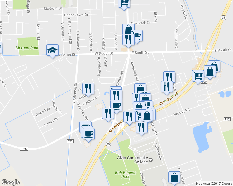 map of restaurants, bars, coffee shops, grocery stores, and more near 2109 Koster Road in Alvin