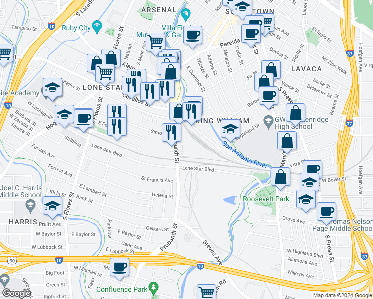 map of restaurants, bars, coffee shops, grocery stores, and more near 394 Probandt Street in San Antonio