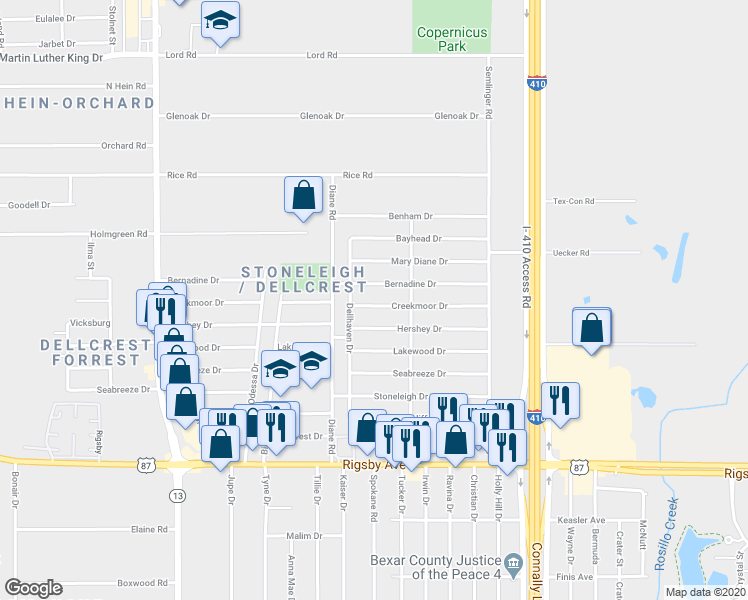 map of restaurants, bars, coffee shops, grocery stores, and more near 4919 Creekmoor Drive in San Antonio