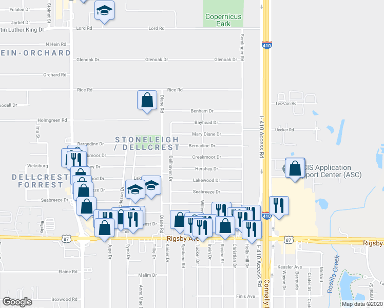 map of restaurants, bars, coffee shops, grocery stores, and more near 4931 Creekmoor Drive in San Antonio