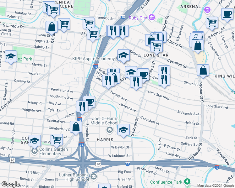 map of restaurants, bars, coffee shops, grocery stores, and more near 237 Furnish Avenue in San Antonio