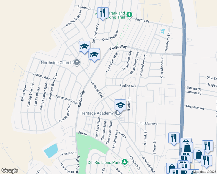 map of restaurants, bars, coffee shops, grocery stores, and more near 104 Pauline Circle in Del Rio
