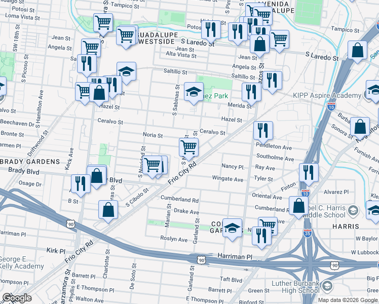 map of restaurants, bars, coffee shops, grocery stores, and more near 2217 South Trinity Street in San Antonio