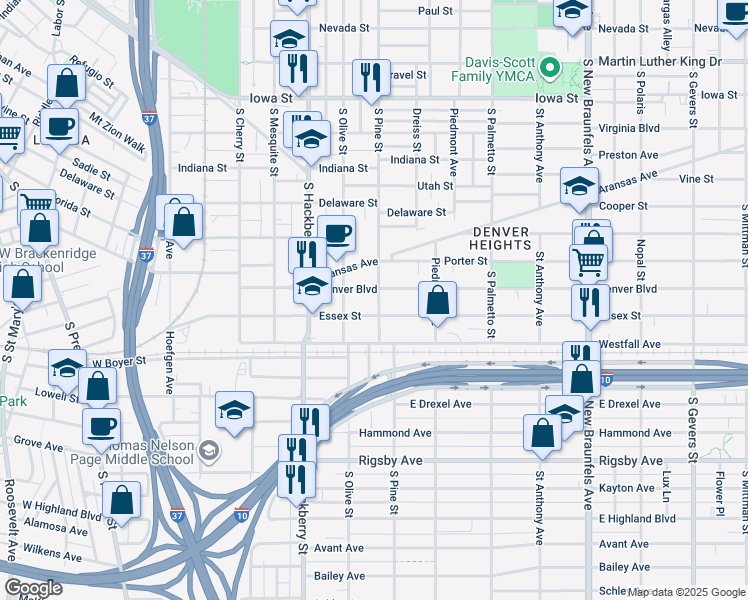 map of restaurants, bars, coffee shops, grocery stores, and more near 1211 South Pine Street in San Antonio