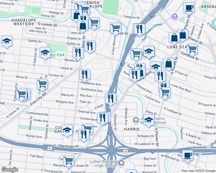 map of restaurants, bars, coffee shops, grocery stores, and more near 112 Pendleton Avenue in San Antonio