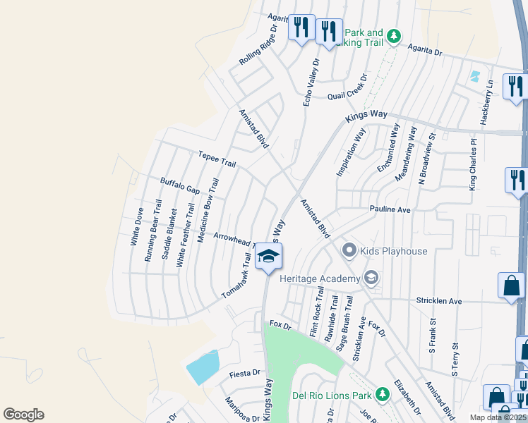 map of restaurants, bars, coffee shops, grocery stores, and more near 101 Lodgepole Trail in Del Rio