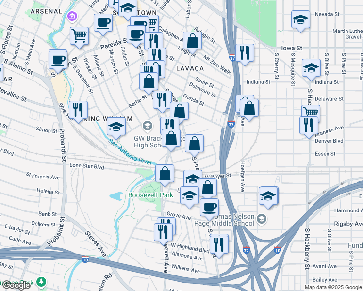 map of restaurants, bars, coffee shops, grocery stores, and more near 1621 South Presa Street in San Antonio