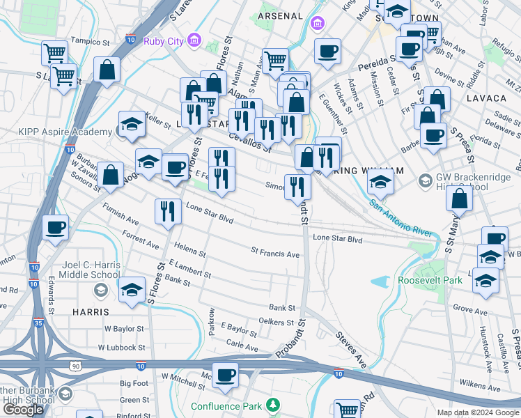 map of restaurants, bars, coffee shops, grocery stores, and more near 130 Ellis Bean in San Antonio