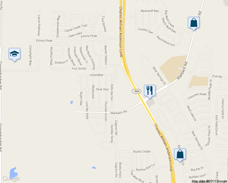 map of restaurants, bars, coffee shops, grocery stores, and more near 2610 Gato Del Sol in San Antonio