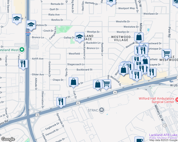 map of restaurants, bars, coffee shops, grocery stores, and more near 7518 Buckboard Street in San Antonio