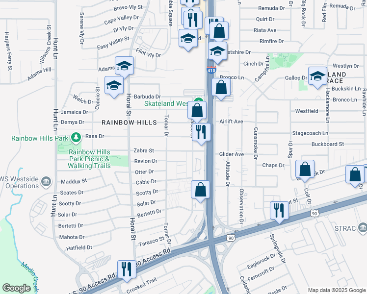 map of restaurants, bars, coffee shops, grocery stores, and more near 215 Zabra Street in San Antonio