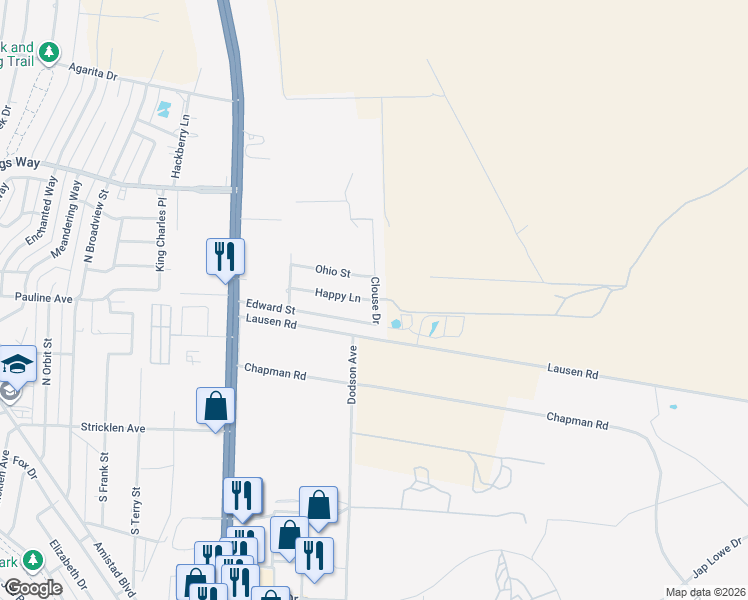 map of restaurants, bars, coffee shops, grocery stores, and more near 229 Happy Lane in Del Rio