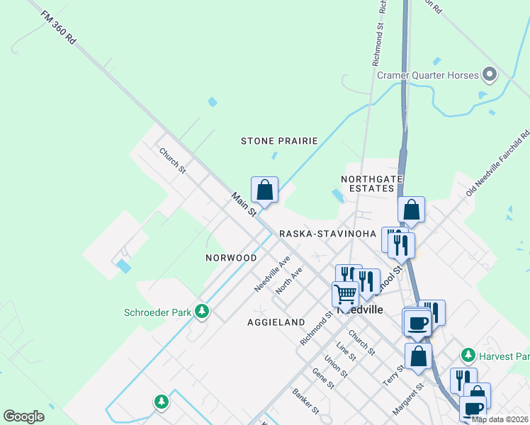 map of restaurants, bars, coffee shops, grocery stores, and more near 8221 Main St in Needville