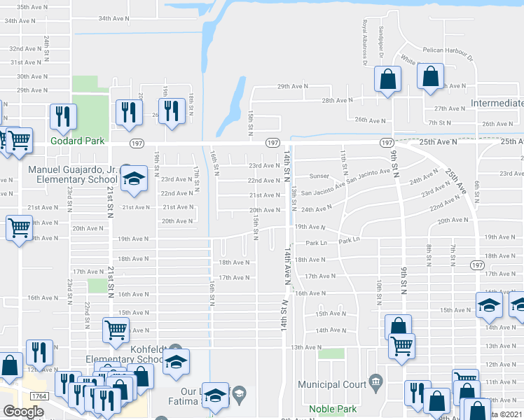 map of restaurants, bars, coffee shops, grocery stores, and more near 1432 20th Avenue North in Texas City