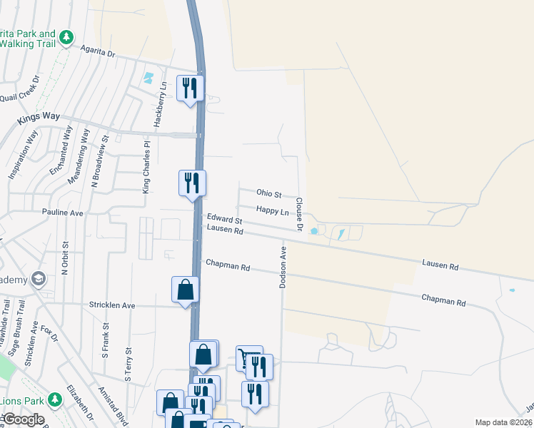 map of restaurants, bars, coffee shops, grocery stores, and more near 214 Happy Ln in Del Rio