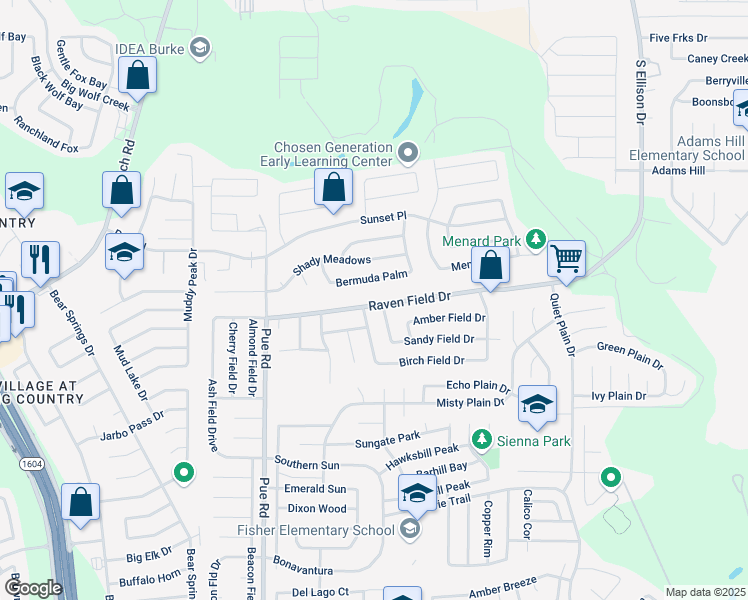 map of restaurants, bars, coffee shops, grocery stores, and more near 10055 Raven Field Drive in San Antonio