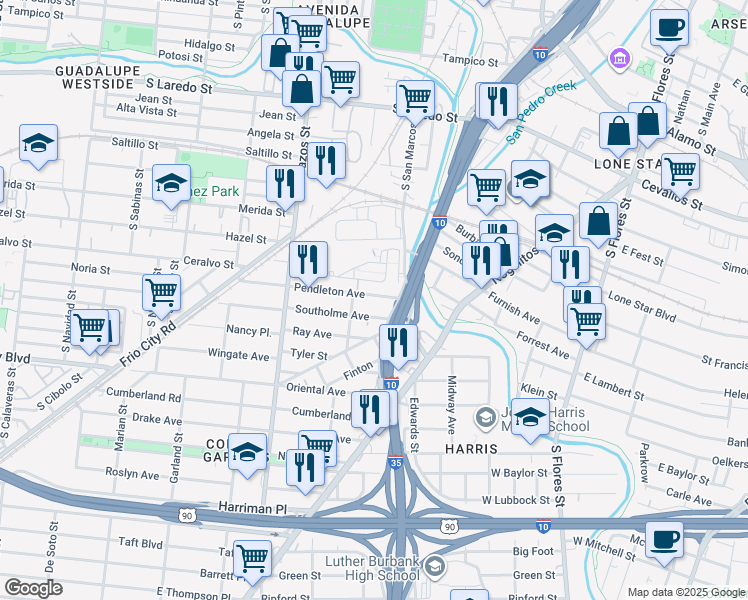 map of restaurants, bars, coffee shops, grocery stores, and more near 132 Pendleton Avenue in San Antonio
