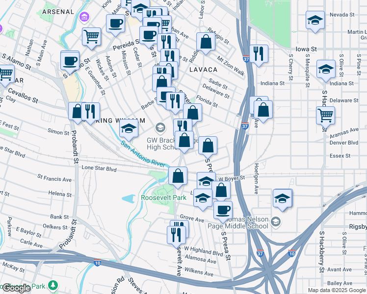 map of restaurants, bars, coffee shops, grocery stores, and more near 1710 South Saint Mary's Street in San Antonio
