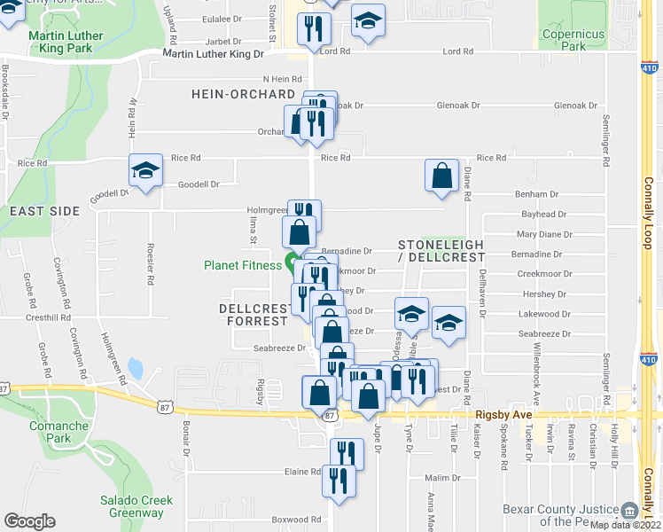 map of restaurants, bars, coffee shops, grocery stores, and more near 4515 Creekmoor Drive in San Antonio