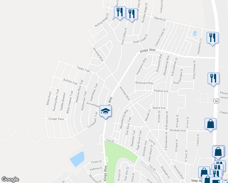 map of restaurants, bars, coffee shops, grocery stores, and more near 796 Kings Way in Del Rio