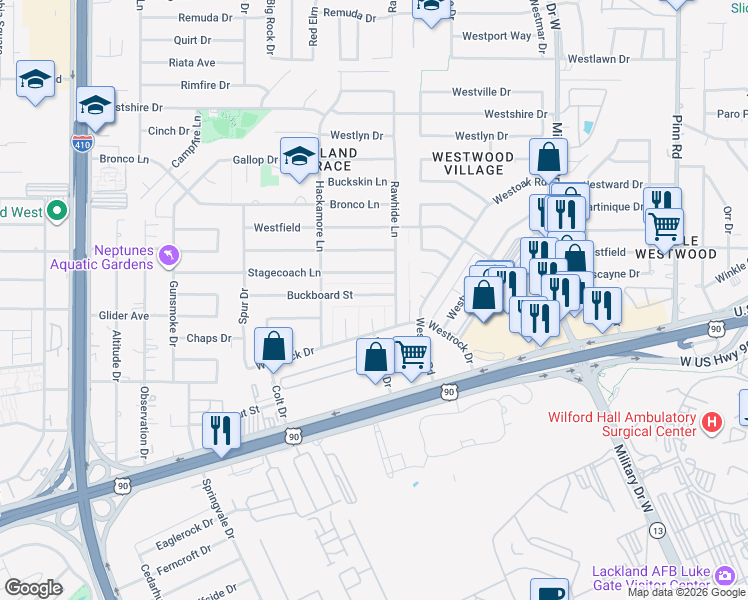 map of restaurants, bars, coffee shops, grocery stores, and more near 7418 Buckboard Street in San Antonio