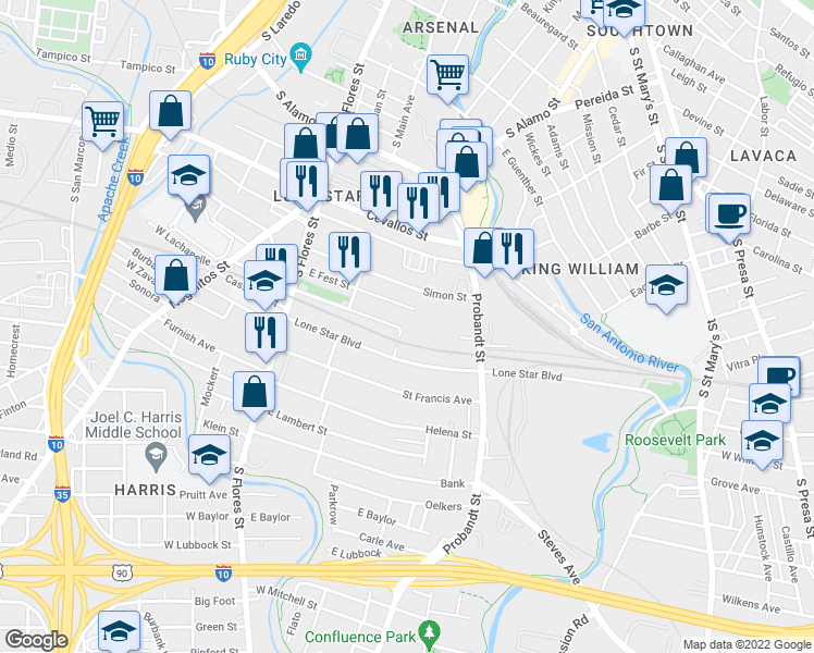 map of restaurants, bars, coffee shops, grocery stores, and more near 130 Ellis Bean in San Antonio