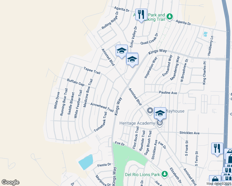 map of restaurants, bars, coffee shops, grocery stores, and more near 101 Lodgepole Trail in Del Rio
