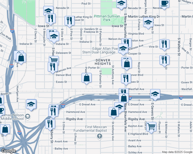 map of restaurants, bars, coffee shops, grocery stores, and more near 640 Denver Boulevard in San Antonio