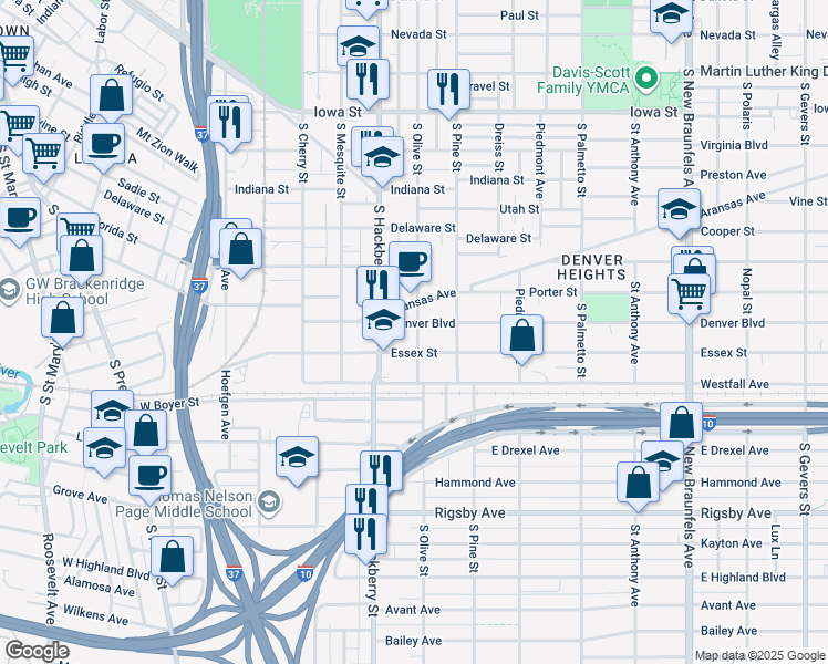 map of restaurants, bars, coffee shops, grocery stores, and more near 328 Denver Boulevard in San Antonio