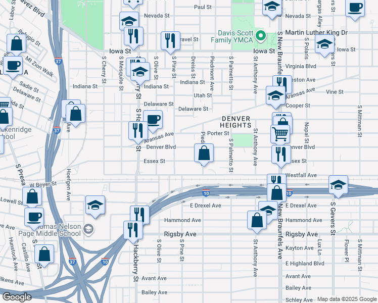 map of restaurants, bars, coffee shops, grocery stores, and more near 528 Denver Boulevard in San Antonio