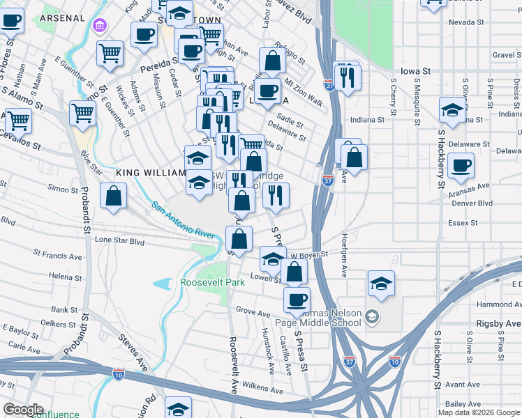 map of restaurants, bars, coffee shops, grocery stores, and more near 1619 South Presa Street in San Antonio