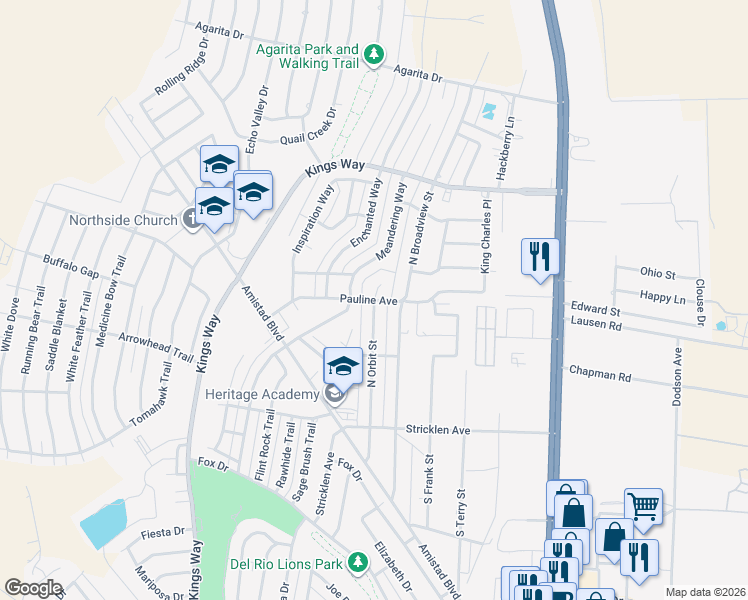 map of restaurants, bars, coffee shops, grocery stores, and more near Pauline Avenue in Del Rio