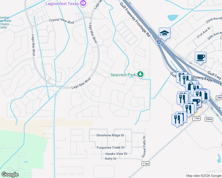 map of restaurants, bars, coffee shops, grocery stores, and more near 2417 Nautica Terrace in La Marque
