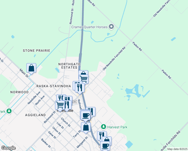 map of restaurants, bars, coffee shops, grocery stores, and more near 12440 Old Needville Fairchild Road in Needville